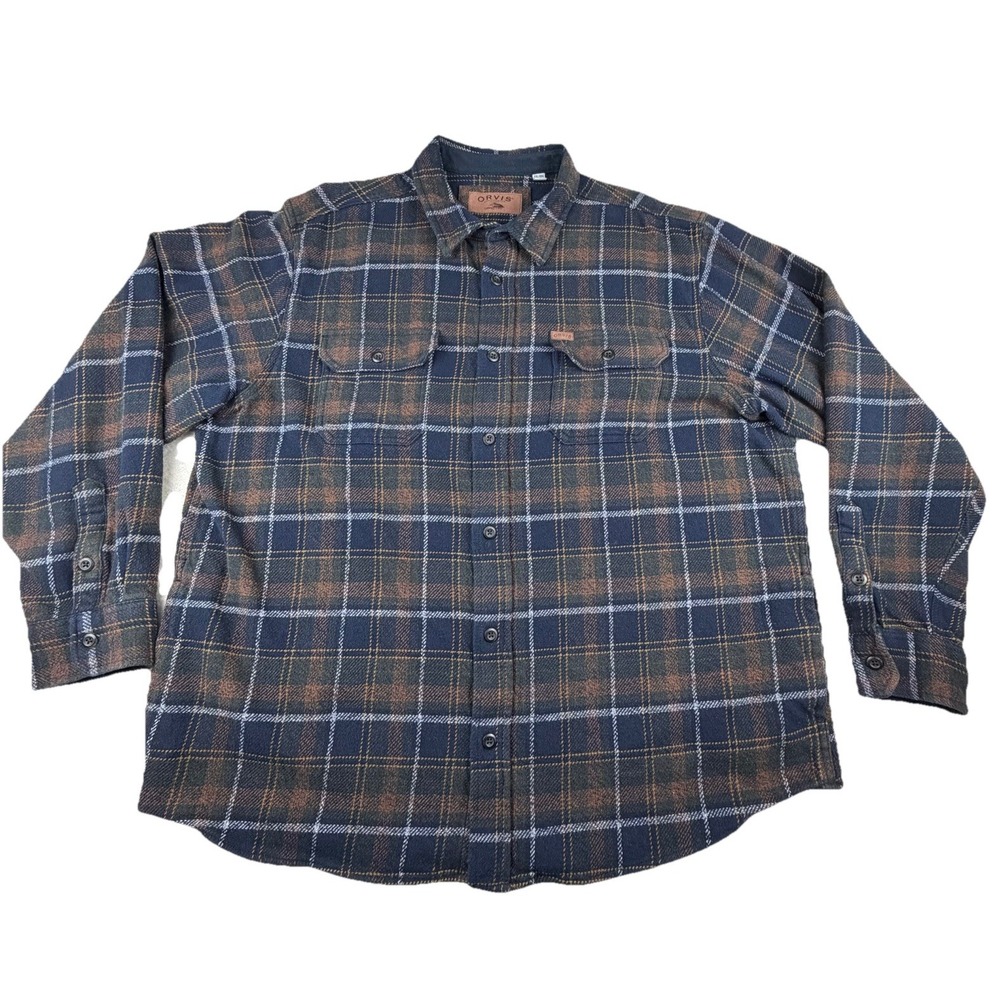 Orvis Flannel Shacket Shirt Mens XXL Blue/Brown Plaid‎ Heavyweight Button Up - Picture 2 of 15